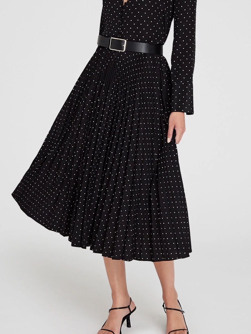 Club Monaco Black Pleated Midi Skirt with White Polka Dots 4